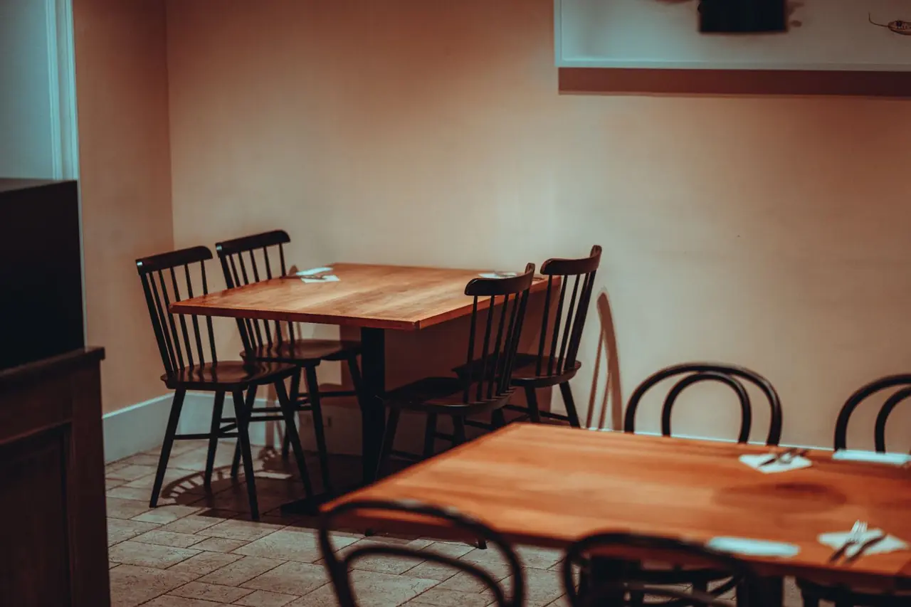 Warm minimalist wooden interior of Japanese restaurant