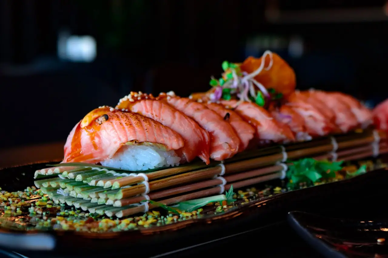 Artfully assembled salmon sushi platter showcasing color balance and clean geometry